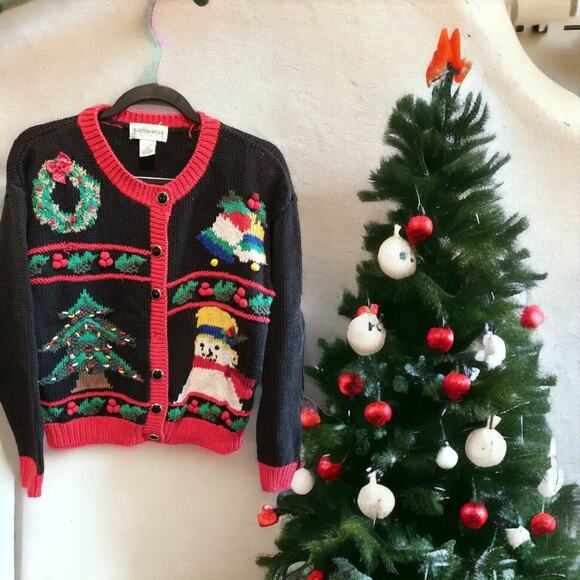 Baxter & Wells Ugly Cute Christmas Cardigan Sweater Petite M Wreath Tree Bells - Picture 1 of 12
